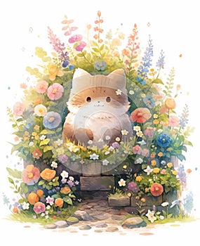 Whimsical cute cat exploring a magical garden, Illustration, watercolor