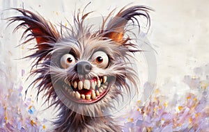 A whimsical, cute, funny dog with unkempt hair, large front teeth, playful, silly expression, eyes wide with mischief. Whimsical,