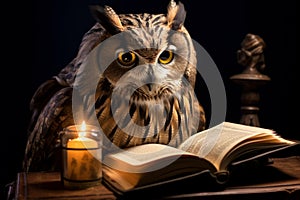 Whimsical Cute owl reading book sofa. Generate Ai