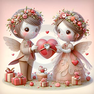 Whimsical cute wedding angel couple valentine illustration