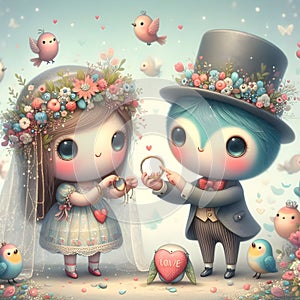 Whimsical cute wedding rings couple valentine illustration