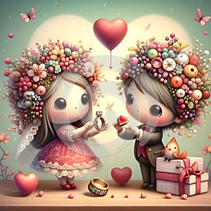 Whimsical cute wedding rings couple valentine illustration