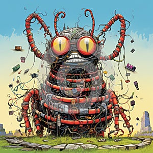 Whimsical Cyborgs: A Vibrant Poster Of A Straw Caterpillar By Todd Nauck