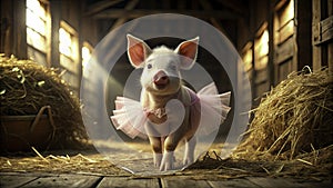 A Whimsical 3D Rendered Piglet in a Tutu Adorable Farm Animal Portrait in a Rustic Barn Setting photo