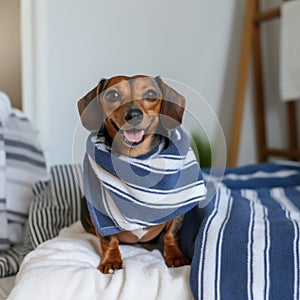 Whimsical Dachshund Dog Wearing Striped Towel On Bed