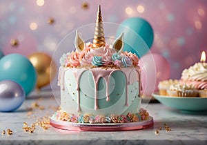 Whimsical Delight: Colorful purple and blue Unicorn Cake