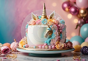 Whimsical Delight: Colorful Unicorn Cake with unicorn head