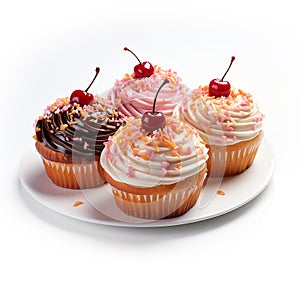 Whimsical Delights - Four Delectable Cupcakes with Red Cherries on a Gleaming White Plate - generative AI