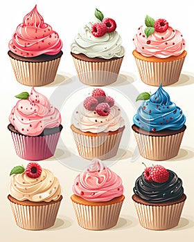 Whimsical Delights - A Symphony of Nine Delectable Cupcakes in a Rainbow of Flavors - generative AI