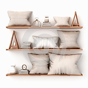 Whimsical Design: Hyper-realistic Pillows And Vases On White Shelf