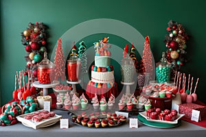 a whimsical dessert table, featuring festive treats and confections in holiday colors