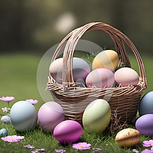 An enchanting image of Easter eggs in a rustic basket, generative AI