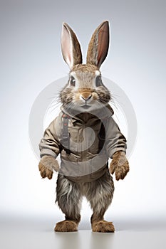 Whimsical digital illustration of a rabbit dressed in a fashionable jacket, standing upright