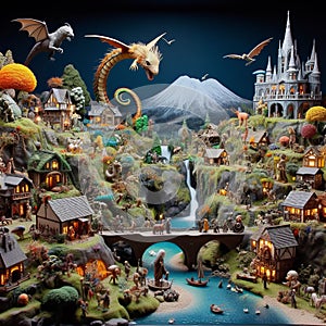 A whimsical diorama of miniature landscapes and fantastical ce photo