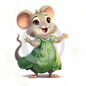 Whimsical Disney Mouse In Green Dress: Charming Character Illustrations