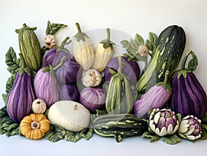 A whimsical display of various felted vegetables