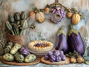 A whimsical display of various felted vegetables
