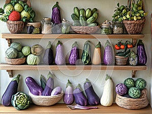 A whimsical display of various felted vegetables