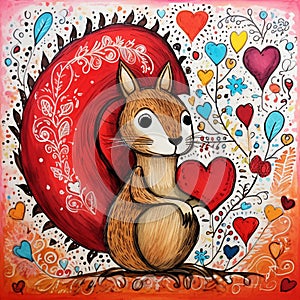 Whimsical Doodle Art Mixed Media Illustration of a Valentine Squirrel