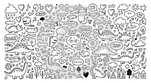 Whimsical Doodle Pattern with Dinosaurs and Fun Elements