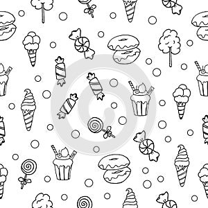 Whimsical Doodles: Hand-Drawn Vector of Ice Cream, Cupcake, Donut, Candy, Lollipop, Cotton Candy.