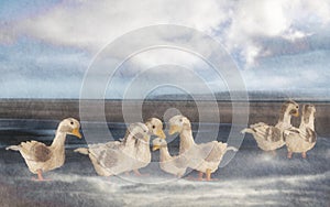 Whimsical duck day out by the sea. Composite art.