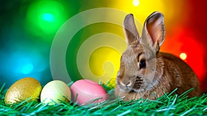 Whimsical Easter Bunny Watching Over Nest of Eggs