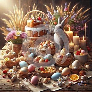 Whimsical Easter Delight: Decorated Table and Bunny Fun