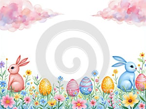 Whimsical easter scene with bunnies and colorful eggs photo