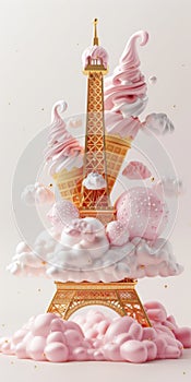 Whimsical Eiffel Tower Surrounded by Fluffy Pink Clouds and Swirling Ice Cream Cones