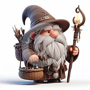 Whimsical Elderly Wizard Character with Magical Supplies and Staff