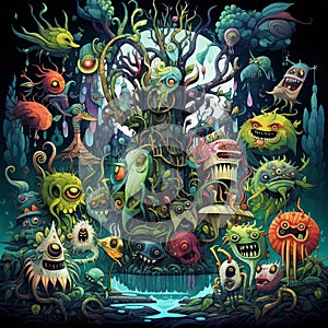 Whimsical Enchanted Forest: Vibrant Abstract Monsters and Creatures Floating in Mid-Air photo