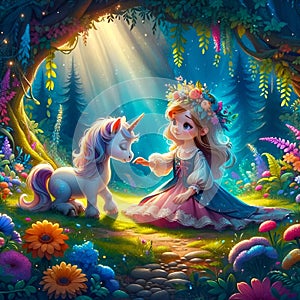 Whimsical Encounter: Child and Unicorn in Magical Glade. AI-generated