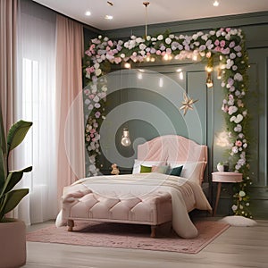 A whimsical fairy garden-inspired room with floral wallpapers, canopy beds, and twinkling fairy lights3