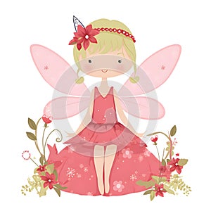Whimsical fairy meadows, adorable clipart illustration of colorful fairies with cute wings and meadow flowers