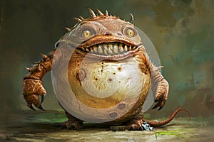 Whimsical Fantasy Creature with Big Eyes and Chubby Belly in a Mysterious Environment Artwork