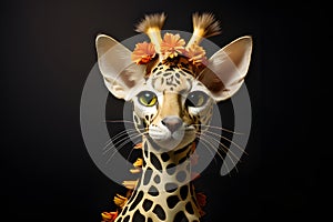 Whimsical Fantasy Creature with Giraffe-Like Patterns Large Ears, and Flower Crown Black Background