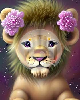 Whimsical Fantasy Cute Kawaii baby lion cub