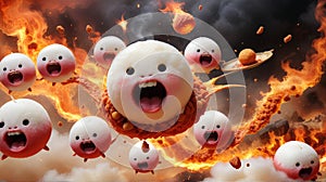 A whimsical fantasy Hell fire in a form of Mochi Japan Food, flying through the Hell