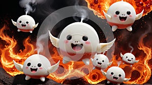 A whimsical fantasy Hell fire in a form of Mochi Japan Food, flying through the Hell