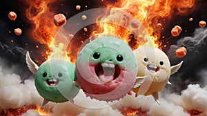 A whimsical fantasy Hell fire in a form of Mochi Japan Food, flying through the Hell