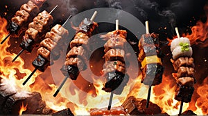 A whimsical fantasy Hell fire in a form of Yakitori Japan Food, flying through the Hell