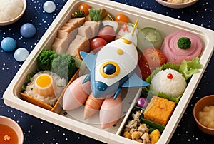 whimsical fantasy spaceship in a form of Bento Japan Food, flying through the space