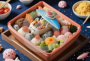 whimsical fantasy spaceship in a form of Bento Japan Food, flying through the space