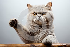 Whimsical feline British Shorthair cat posing with raised paw