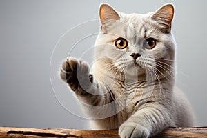 Whimsical feline British Shorthair cat posing with raised paw