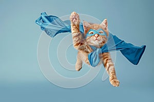 Whimsical Feline Flight A Cat Soars in a Blue Scarf