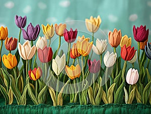 A whimsical field of felted tulips in various vibrant color photo