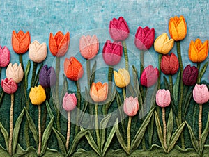 A whimsical field of felted tulips in various vibrant color photo