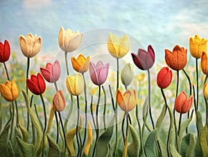 A whimsical field of felted tulips in various vibrant color photo